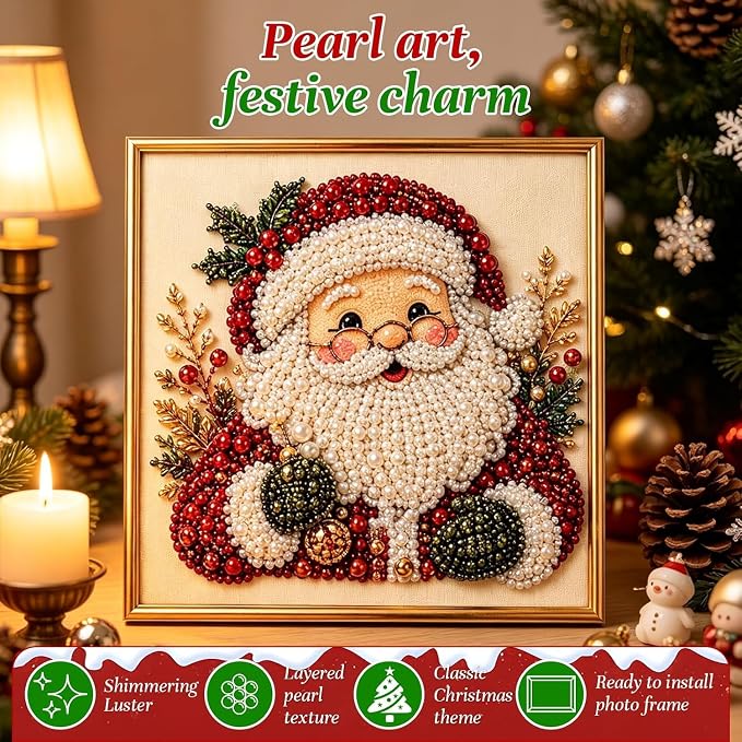 Irsnianianfa DIY Christmas Pearl Diamond Art Painting Kit with Frame,11.8x11.8in 3D Christmas Pearl Beads Art Craft for Adults Beginner,Holiday Christmas Wall Decor,Healing Stress-Relieving(A03)