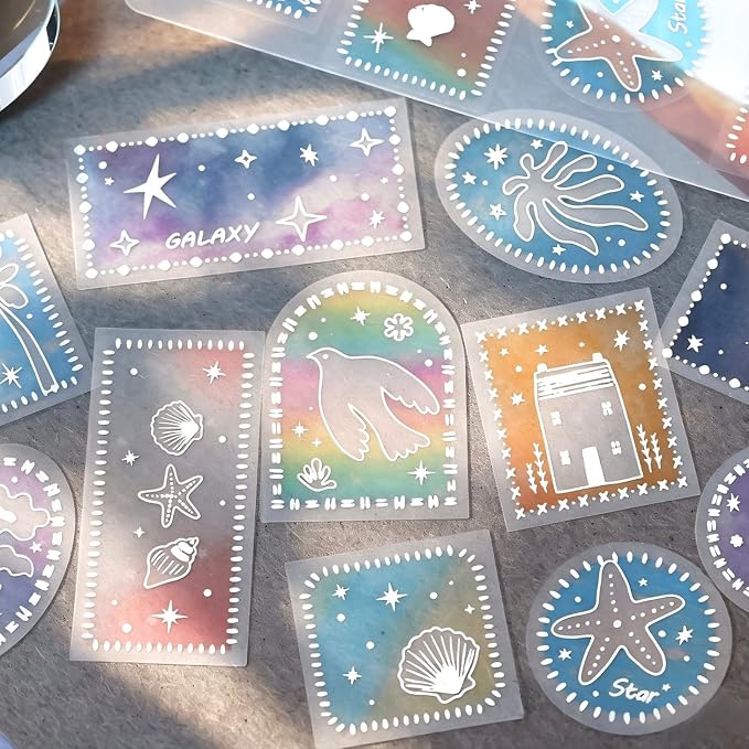 Doukado 80 Pcs Silver Foil PET Stickers, Watercolor Aesthetic Decals Set
