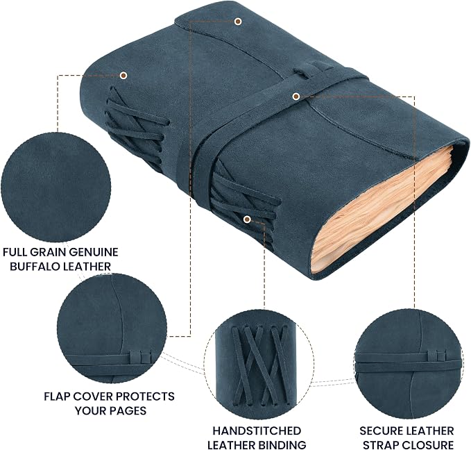 LEATHER VILLAGE Large Leather Journal Edge Cut, Navy Blue 8x6.