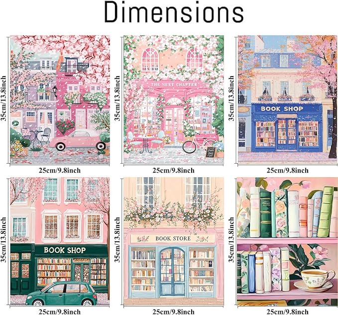 AOSGEDY 6 Packs Bookstore Paint by Numbers Kit for Adults Beginner, Pink Book Shop Adult Paint by Number Kits on Canvas, DIY Acrylic Oil Painting by Numbers for Home Wall Decor 10x14 Inch