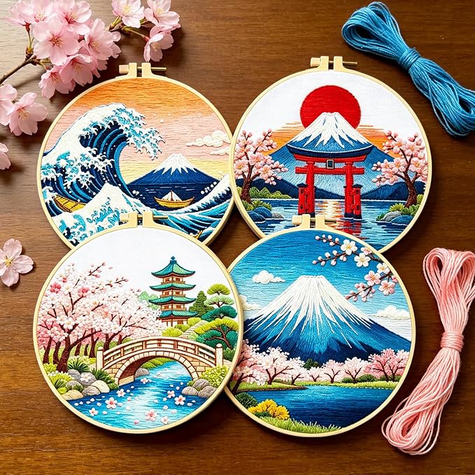 BEUNITONE 4 Pcs Embroidery Kit for Beginner, Ukiyo-e Style Landscape Wave Pattern Embroidery Materials, Cross Stitch Set with Cloth, Thread, Needle and Hoop Tools for Friendship Gift and Home Decor