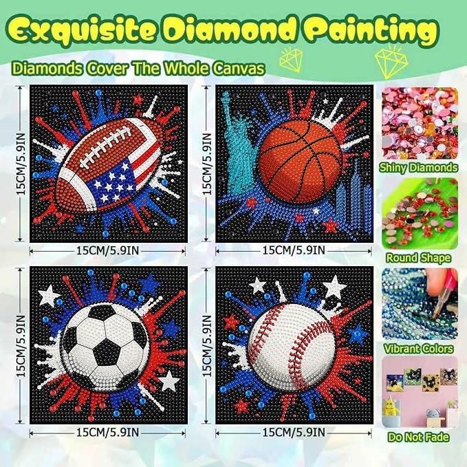 ICYANART 4 Pack Diamond Art Painting Kits for Kids Age 6-12 6x6 Inch | Sport Diamond Art Kits for Kids, Small Diamond Art Kits, Art and Crafts for Kids, Gift and Home Wall Decor(no Frame)
