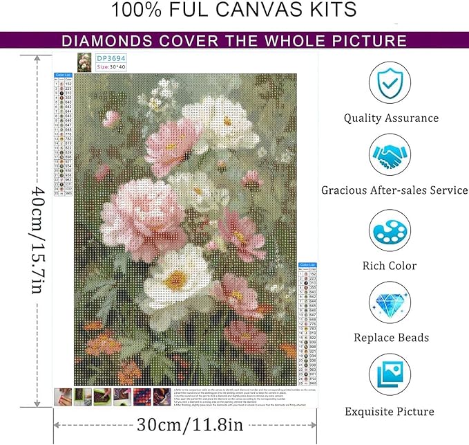 Flowers Diamond Art Kits,Diamond Painting Kits for Adults,Gem Art 12x16inch