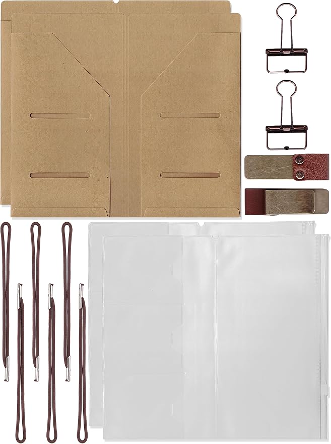 2 Pack Standard Travelers Notebook Accessories Kit Includes Kraft File Folders, PVC Zipper Pouches, Pen Holders, Binder Clips & Elastic Bands for Travel Journal Organizer Supplies