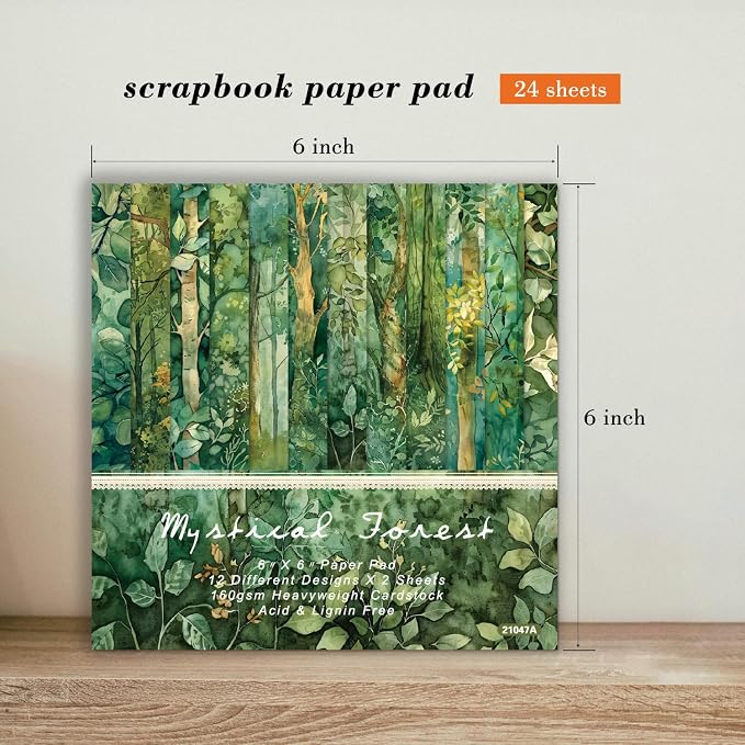 Green Scrapbook Paper Pad 6 x 6 in- 24 Sheets Forest Patterned Designed Tree Decorative Decoupage Folded Card Material Gift Wrapping Planners Junk Journal DIY Crafts Photo Album