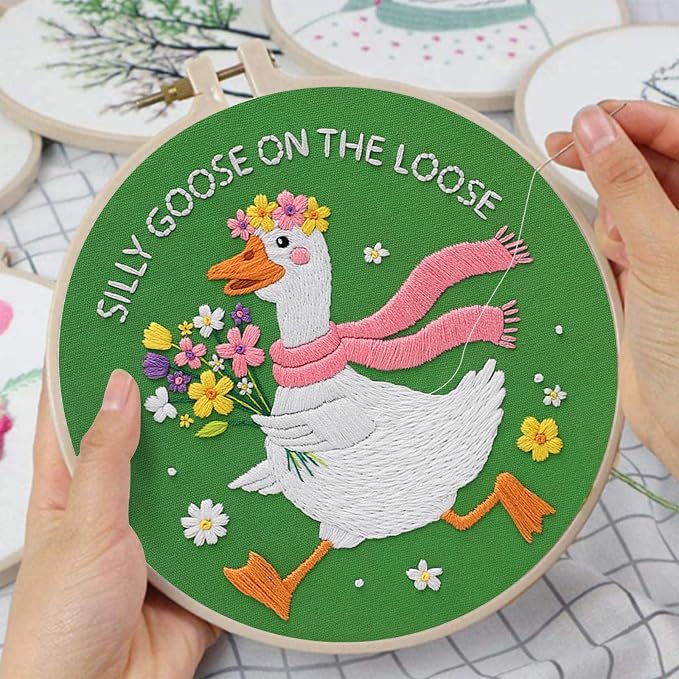 Louise Maelys Silly Goose Embroidery Kit for Beginners, Floral DIY Craft | Includes Pre-Printed Fabric, Embroidery Hoop and Threads. Cross Stitch Kits for DIY Crafts. Needlepoint Kit for Stitching