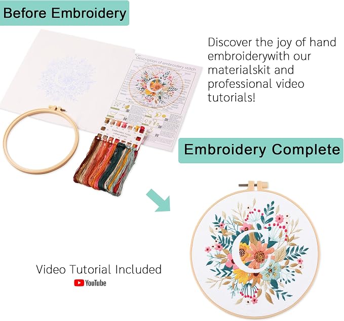 Harimau Letter C Pattern Embroidery Kit for Adult Beginners, Complete Starter Pack with 1 Hoop, Needles, Instruction Guide & Embroidery Stitch Video Tutorials
