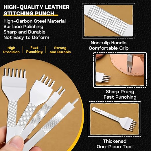 Leather Stitching Punch Hole Punch Tool Set, 5mm 1/2/4/6 Prong Punch Chisel
