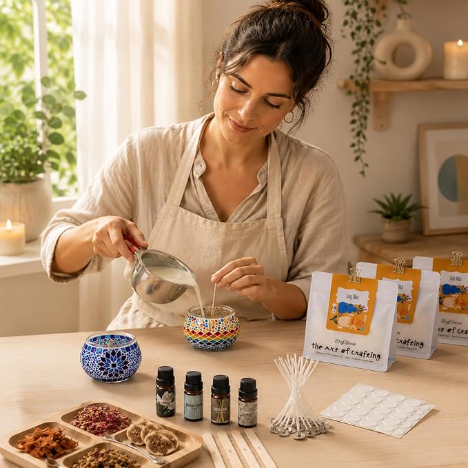 Candle Making Kit for Adults – DIY Candle Making Set with Natural Soy Wax, Wicks, Essential Oils, Dried Flowers & 2 Turkish Mosaic Glass Jars – Makes 2 Candles – Arts & Crafts Gift for Women