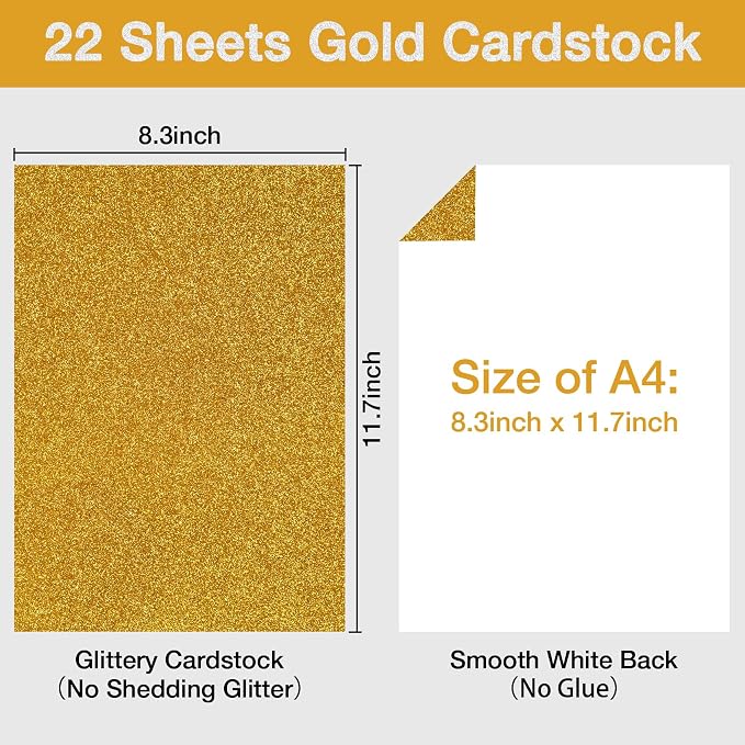 22 Sheets A4 Gold Glitter Cardstock, Premium No-Shed Sparkly Paper for Cricut, Card Making & Scrapbooking, Wedding Decor, 250 GSM Crafts Paper (A4 Size 8.3x11.7in)