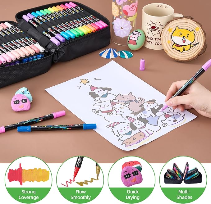 120 Colors Acrylic Paint Markers,Dual Tip Acrylic Marker Set With Fine Tip and Brush Tip Contain Metallic,Glitter,Neon,Morandi,Skin Tone Series for Rock Painting,Egg,Wood,Glass,Fabric,Crafts
