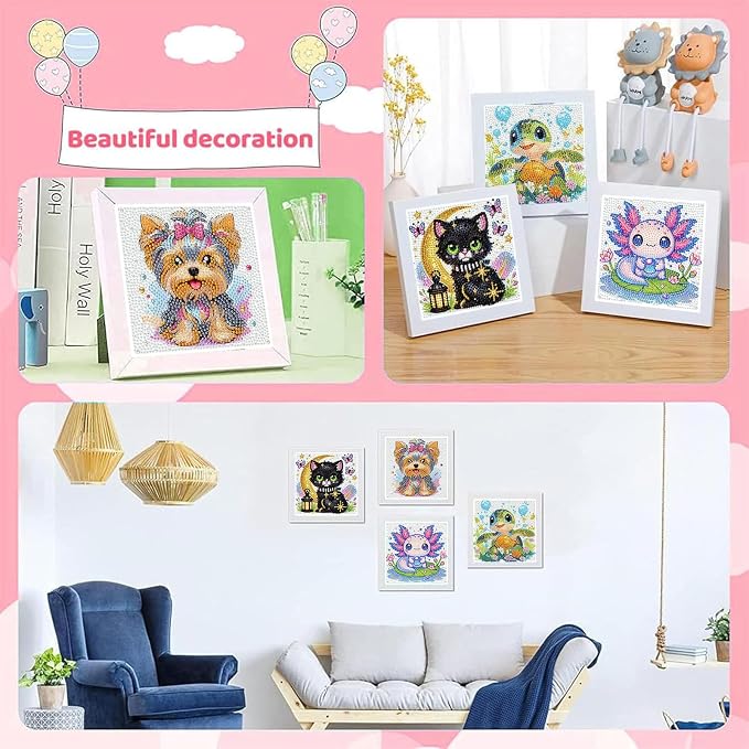 cviokrdu 4 PCS Diamond Art Kits for Kids, Animals Diamond Art for Kids Ages 4 8 12, Cute Turtles Cats Dogs Axolotl Gem Art Kit Crafts Beginners for Gift Home Wall Decor (6x6inch)