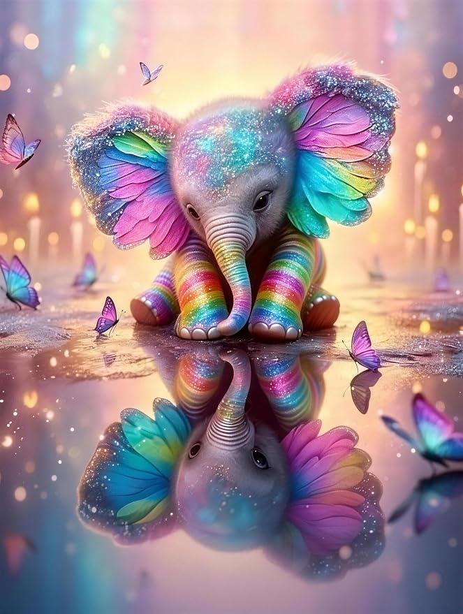 Rainbow Elephant 5D Diamond Painting Kits for Adults, Butterfly Art 12x16"
