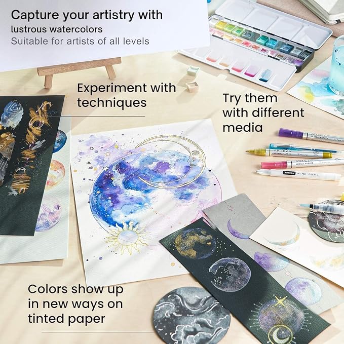 ARTEZA Metallic Watercolor Paint Set, 24 Shimmer Half Pans with Metal Tin | Water Brush Included, Visible on Light and Dark Paper, For Washes, Gradients, Dry Brush, Lettering, Cards and Art Journals