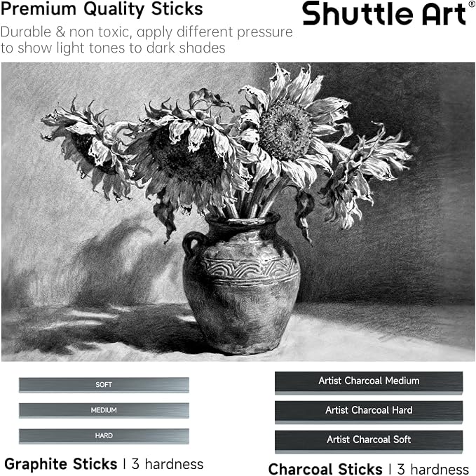 Shuttle Art Sketching and Drawing Pencils Set, 37-Piece Professional Sketch Pencils Set in Zipper Carry Case, Drawing Kit Art Supplies with Graphite Charcoal Sticks Tool Sketch book for Adults Kids