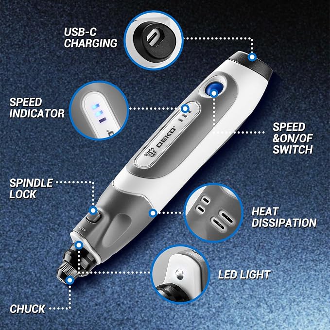 Mini Cordless Rotary Tool:DEKOPRO 3.7V Rotary Tool Variable Speed Display with Type-C Charging, Power Rotary Tool with 70 Accessories for Sanding, Engraving, Polishing, Drilling, Cutting, DIY (Blue)