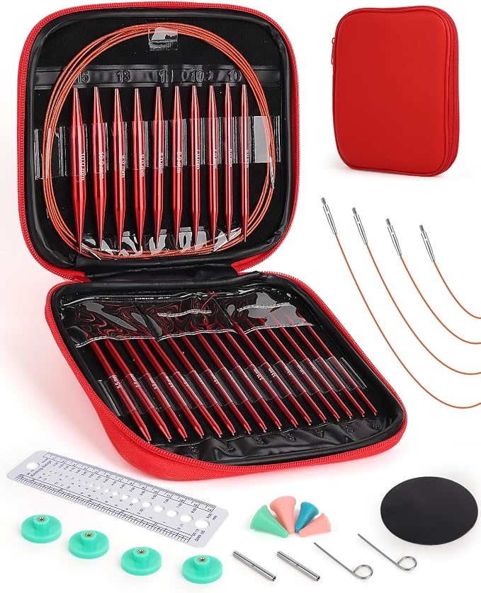 Aeelike 13 Pair Interchangeable Circular Knitting Needles Set 3-10 mm, Red | Aluminum Interchangeable Knitting Needles with 4 Cables, Smooth Complete Needles Set for Socks Blankets Sweaters, Ideal Gift