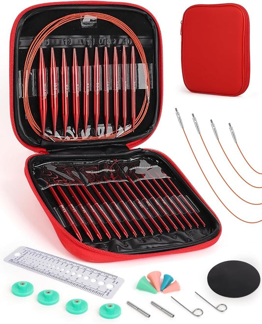 Aeelike 13 Pair Interchangeable Circular Knitting Needles Set 3-10 mm, Red | Aluminum Interchangeable Knitting Needles with 4 Cables, Smooth Complete Needles Set for Socks Blankets Sweaters, Ideal Gift
