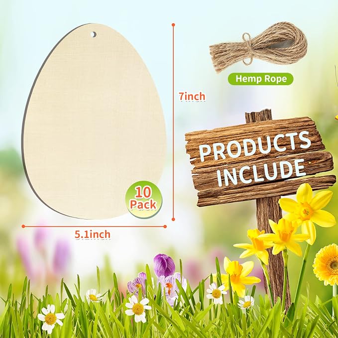 Large Size 7" Wooden Easter Ornaments to Paint, Egg Wooden DIY Blank Unfinished Round Wood Discs Ornament for Crafts Hanging Decorations(10PCS)