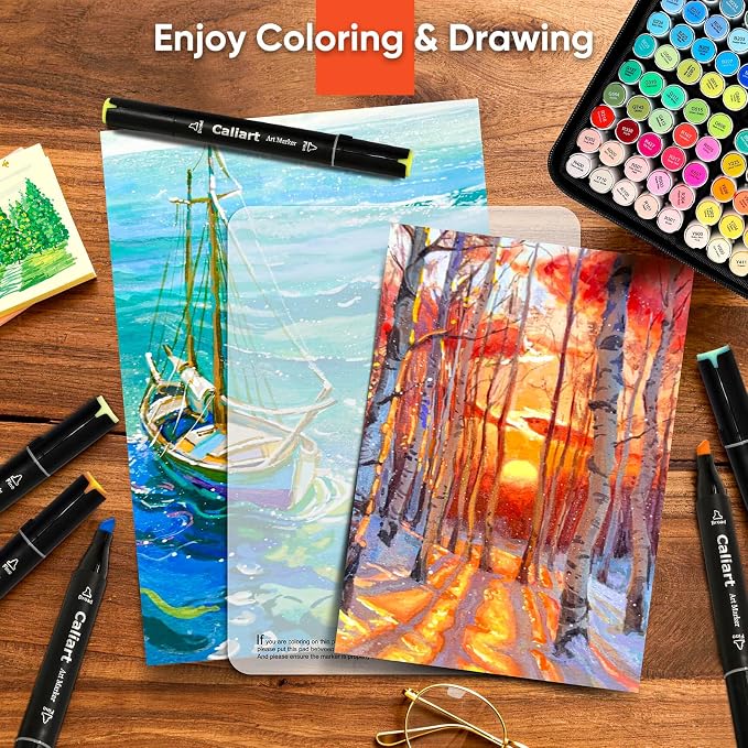 Caliart 100 Colors Alcohol Markers Dual Tip Art Markers for Adult Coloring | Fine & Chisel Tip Permanent Sketch Pens with Storage Case & Bleed-prevention Sheet for Beginners Artists Drawing Illustration