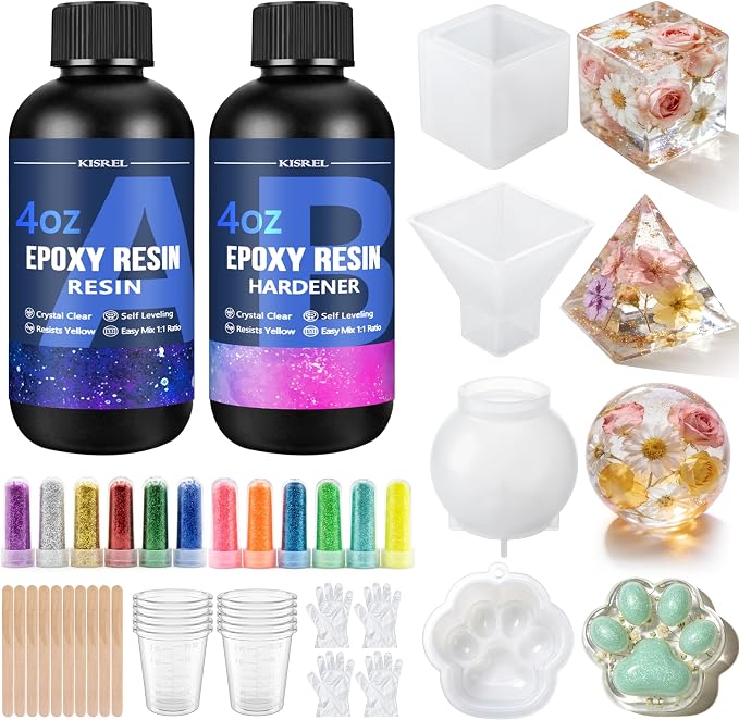 KISREL Epoxy Resin Kit 8OZ with Molds, 12 Glitter & Tools for Beginners | Complete starter kit with molds, 12 glitters & tools,Crystal clear, bubble-free ,Perfect for keychains, coasters & DIY crafts