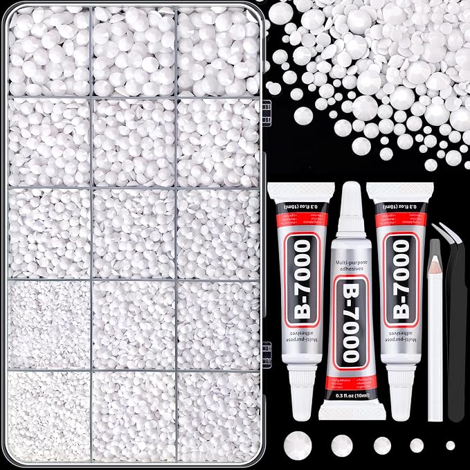 16000Pcs Resin Rhinestones with Tweezers for Crafting, White 2-6mm Mixed Sizes Bedazzling Crystal with 3Pcs 10ml B7000 Jewelry Glue for DIY Crafts Clothing Tumblers Shoes Fabric Nail Art