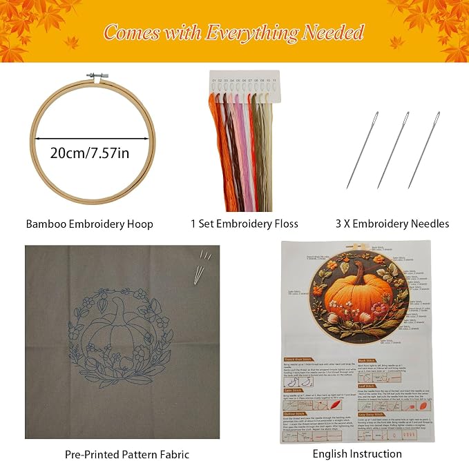YOUDRN Pumpkin Embroidery Kit for Beginners, Embroidery Kits for Adults