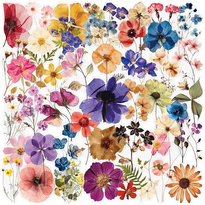 50Pcs Transparent Flora Scrapbook Stickers Pack, Vintage Aesthetic Flowers Stickers for Scrapbook Journal, Waterproof for Water Bottles Laptop Phone Scrapbook Supplies DIY Crafts（Flora）