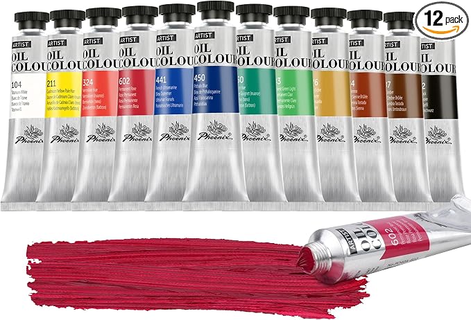 PHOENIX Artist Oil Paint Set - 12 Classic Colors x 1.35 oz / 40ml Tubes – Professional Grade Pigments for Canvas – Traditional Palette with Earth Tones & Primary Colors for Students, Beginners & Studio Painting