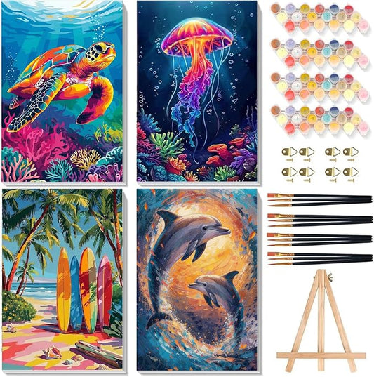 4 Pack Beach Paint by Numbers for Adults with Framed Canvas - Wooden Easel | Beach Paint by Number on Canvas, DIY Sea Turtle Acrylic Oil Painting Kits with Brushes for Home Wall Decor (8x12 inch)
