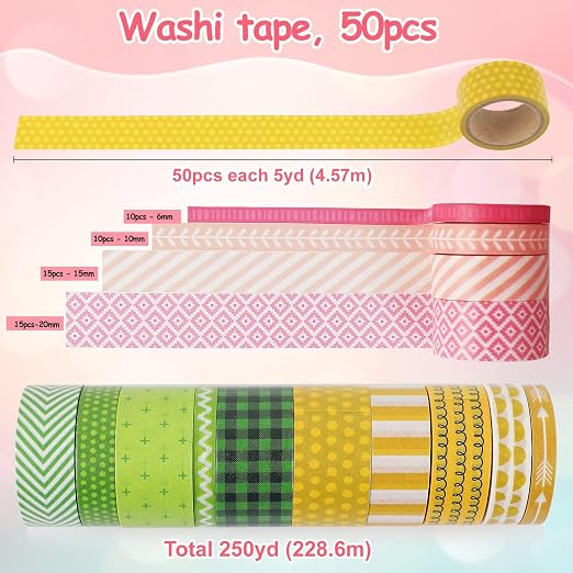 KEVIN&SASA CRAFTS 50 Rolls Washi Tape Set | Decorative Adhesive Tape, For Scrapbook, Arts & Crafts, Journals, and Planners, Each Roll 5yd, Total 250yd