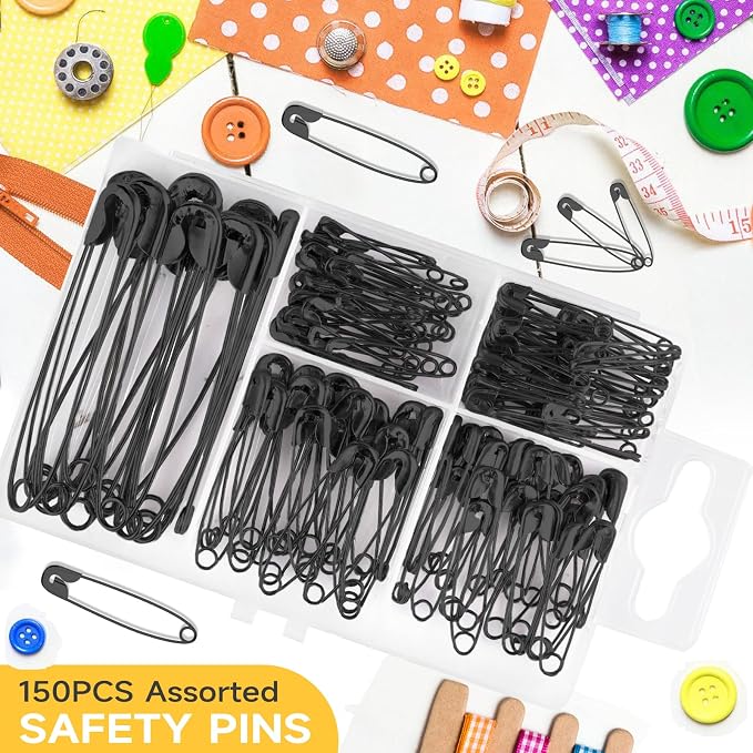 Huhuhero 160PCS Black Safety Pins for Clothes, 5 Assorted Sizes Pin Bulk