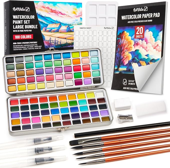 Premium Watercolor Paint Set Bundle with 100 Vibrant Colors for Adults | For Beginners & Professional – Painting Kit & Art Supplies for Adults – Portable Watercolor Set with Paper Pad & Brushes