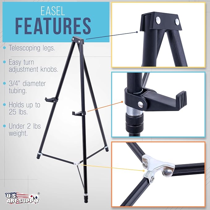 U.S. Art Supply 66" High Black Metal Display Art Easel - Large | Adjustable Height Portable Easel Stand, Sign Display, Holds 25 lbs - Floor & Tabletop Easels, Sign Stand