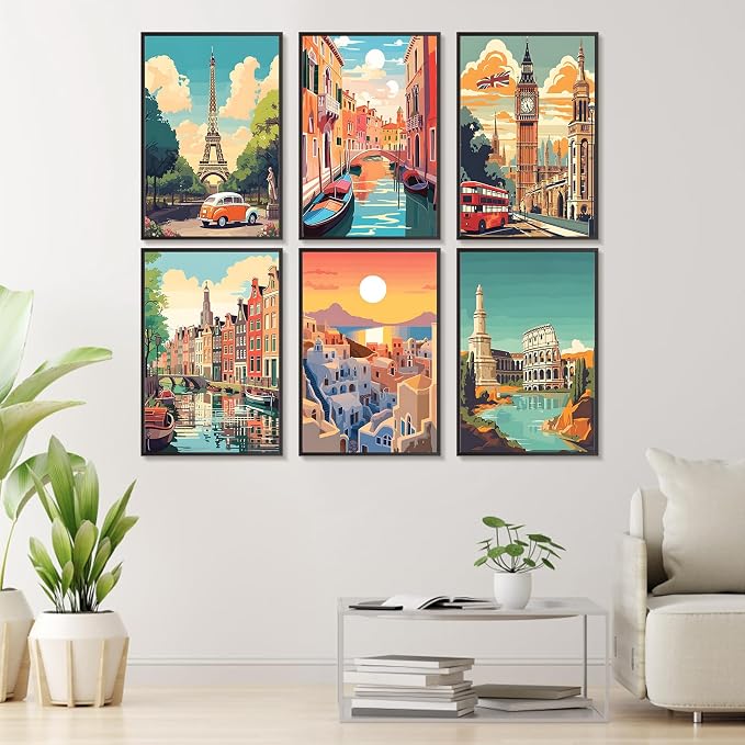 Offito 6 Pack Paint by Numbers Kit for Adults, Travel Cityscape, 8x12 Inch | Acrylic Vintage Number Painting Set, DIY Canvas Art Craft Kit for Beginner, Home Decor, Stress Relief Relaxing Hobby Gift