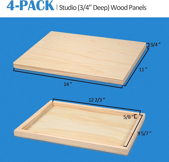 Falling in Art 4 Pack 11x14’’ Unfinished Birch Wood Panels Kit for Painting | Studio 3/4’’ Deep Wooden Canvas, Cradle Boards for Acrylic Pouring, Encaustic, Crafts, Epoxy Resin, Laser Engraving Cutting