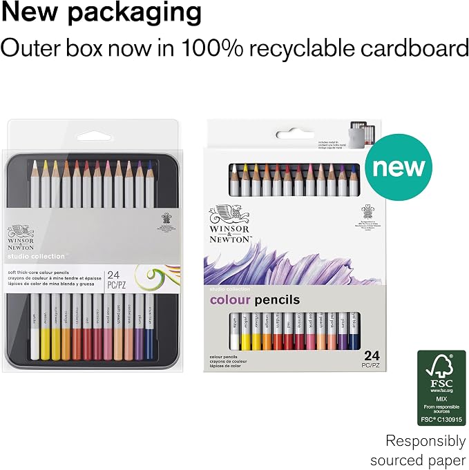 Winsor & Newton Studio Collection, Color Pencils, Set of 24 | Rich, Vibrant Color, Thick-Core Pencils, Soft Smooth Texture, Easy Blending, Stylish Metal Tin Included, High Quality Lead