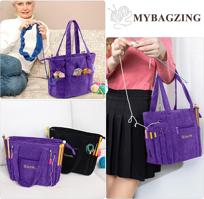 MYBAGZING Crochet Bag and Tote - Corduroy Yarn Bag - Yarn Holder for Crocheting - Crochet Storage Bag for Crochet Hooks, Crochet Accessories, Knitting Bag for Crochet Lovers, Mother's Day Gift