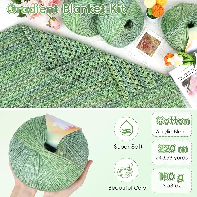 Aeelike Crochet Blanket Kit for Beginners, Easy Crochet Kit, Green Gradient
