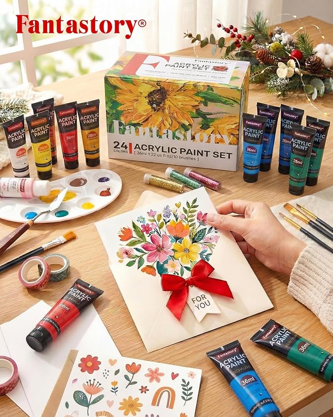 Fantastory 36ml 24 Colors Acrylic Paint Set with 10 Brushes | Excellent Coverage, High Light Fastness, Waterproof, Includes Extra White & Gold, for Canvas, Wood, Ceramics, Models