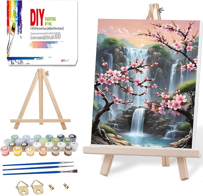 Paint by Numbers with Frame Wooden Easel-Plum Blossom Paint by Number Adult,Waterfall Paint by Numbers Framed Canvas,Adult Paint by Number Kits on Canvas Framed Gifts and Home Wall Decor 12x16inch