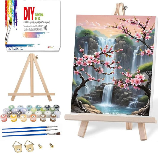 Paint by Numbers with Frame Wooden Easel-Plum Blossom Paint by Number Adult,Waterfall Paint by Numbers Framed Canvas,Adult Paint by Number Kits on Canvas Framed Gifts and Home Wall Decor 12x16inch