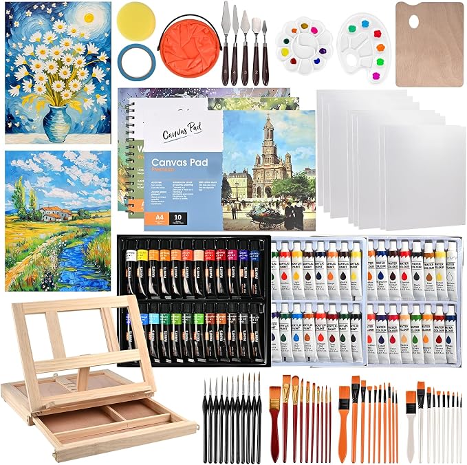 Goldge 140-Piece All-in-One Painting Kit with Tabletop Wood Easel Box | 72-Color Acrylic Watercolor Oil Paint Set, Canvases, 41 Paintbrushes & Art Supplies for Adults, Artists & Beginners