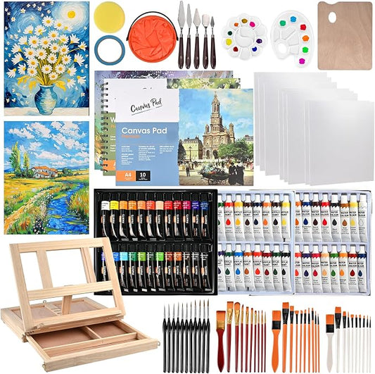 Goldge 140-Piece All-in-One Painting Kit with Tabletop Wood Easel Box | 72-Color Acrylic Watercolor Oil Paint Set, Canvases, 41 Paintbrushes & Art Supplies for Adults, Artists & Beginners