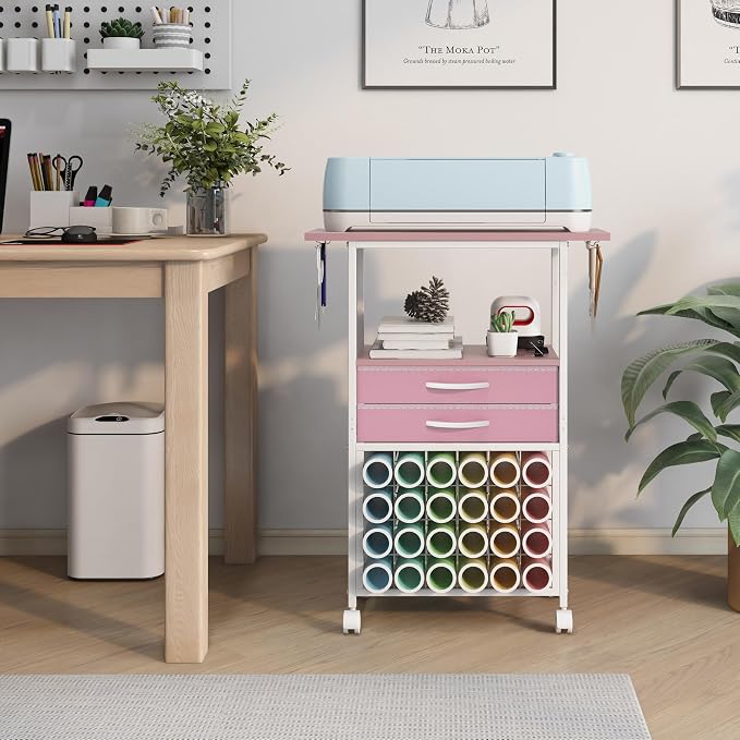 VENNQD Organizer and Storage Stand Compatible with Cricut Machines, Rolling Storage Cart/Shelf with 24 Vinyl Roll Holders, 2 Fabric Drawer, Accessories Holder, Tool Hook for Craft Room Home (Pink)