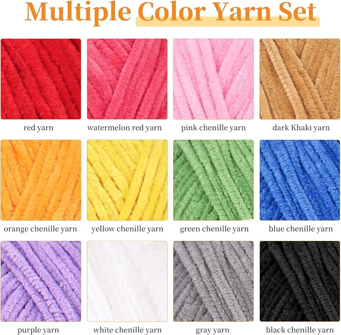 Coopay Skinny Chenille Yarn, Lightweight Soft Yarn for Crochet & Knitting | 12 Colors Crochet Yarn Set - 600g Total, Velvet Yarn for Colorful Crafts, Blankets, Plush Dolls, Decorative Handmade Works