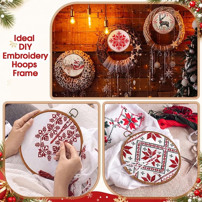 Burbell 3 Pcs 8.7 Inch Pcs Spring Round Embroidery Hoops Frame Circle Rubber Hoops Ring Display Cross Stitch Ornament Imitated Wood Frame Kits for Christmas in July Craft Sewing DIY Hanging Gifts