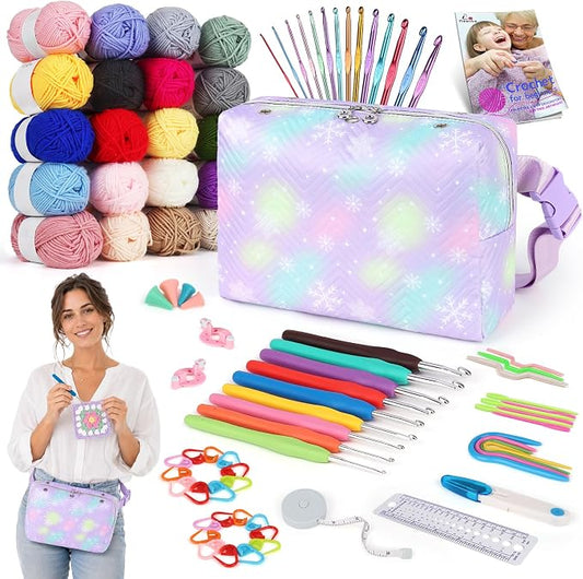 Aeelike Crochet Kit for Beginners Adult, Complete Knitting Yarn Kit, Purple | 87 PCS Crochet Kits for Beginners All-inclusive Crochet Set with Yarns Hooks Step-By-Step Instruction Storage Bag, Ideal Gift
