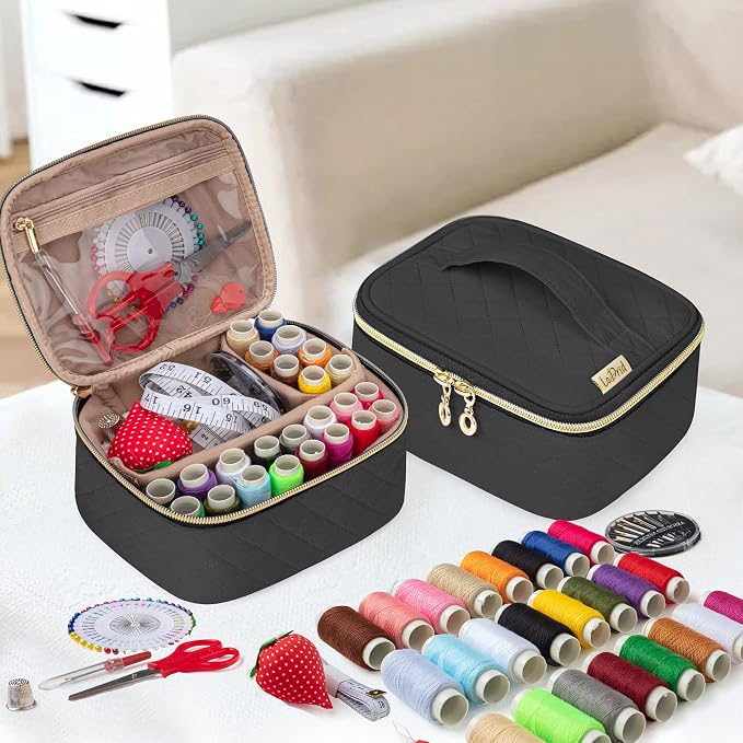 LoDrid Sewing Kit with 24 Color Threads and Sewing Accessories, Black