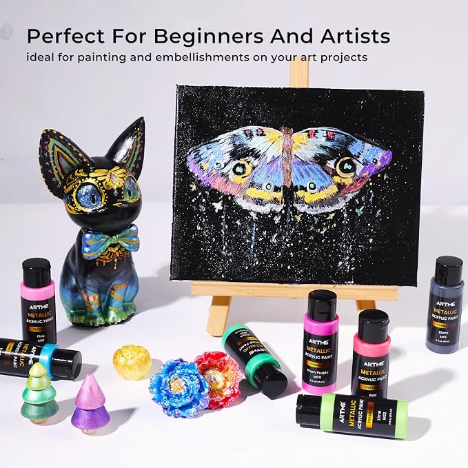 Artme Metallic Acrylic Paint Set, 24 Metallic Colors in 2 oz/60ml Bottles, Metallic Shining Acrylic Paint, Rich Pigments Paint Perfect for Artists, Beginners on Canvas, Rocks, Wood, Fabric, Ceramic